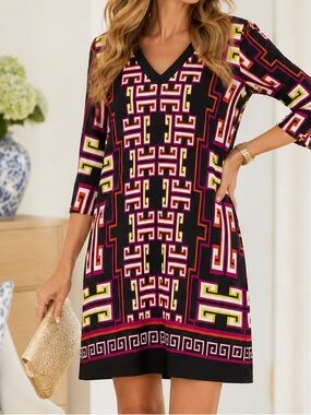NWT Crown & Ivy Navy + Pink Tunic Shift Dress Greek Key Size 8